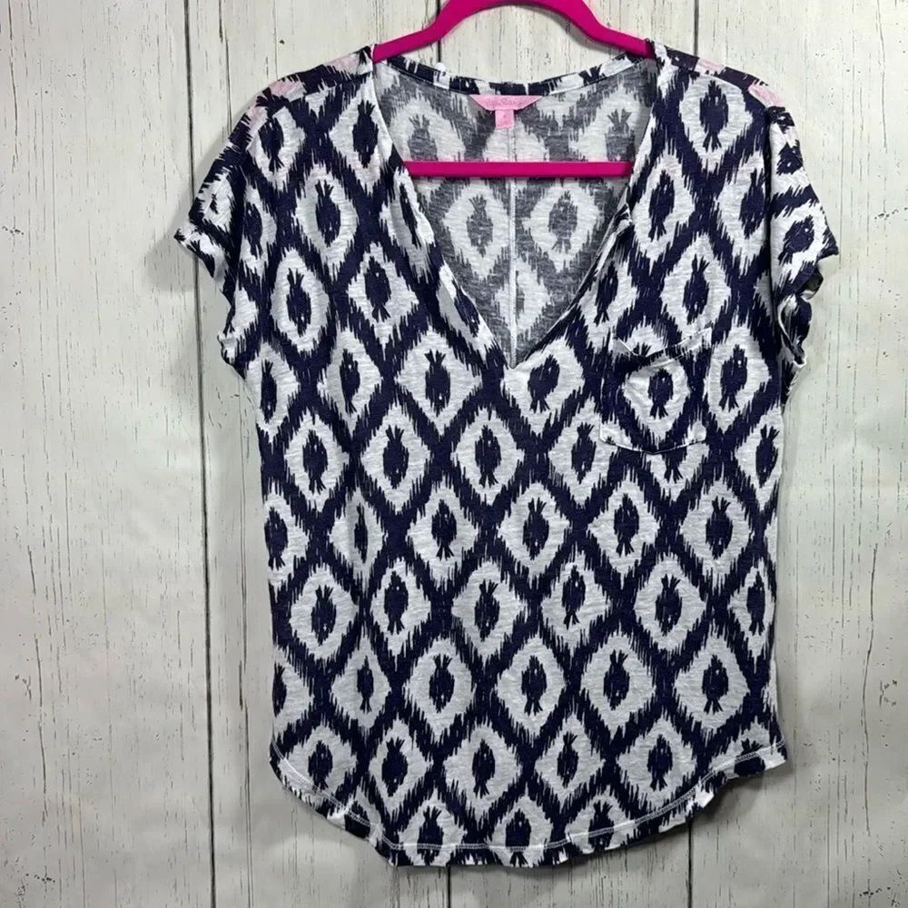 Lilly Pulitzer 100% Linen Ikat Print Pocket Tee Top Blue White S Boho Coastal